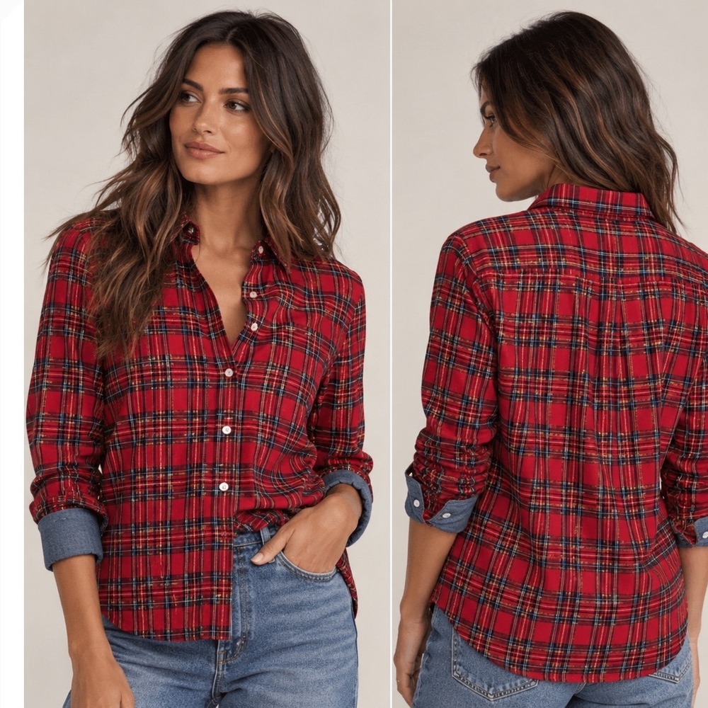 Tommy Hilfiger Red Plaid Metallic Button Down Shirt Womens XL Chambray Cuffs